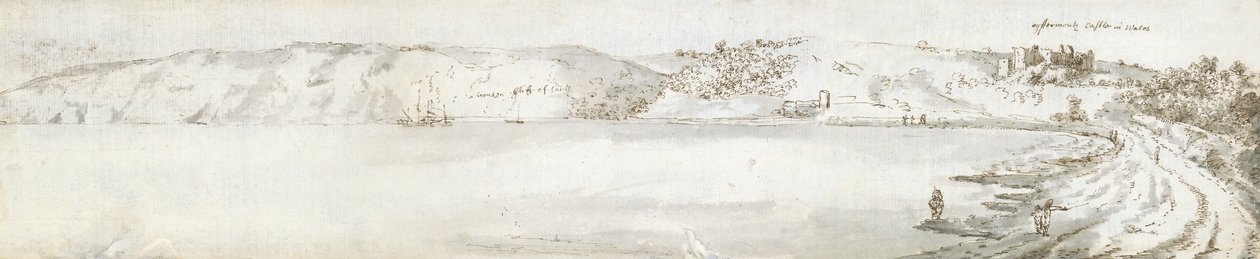 Oystermouth Castle, ca 1678 (akvarell och brunt bläck på papper) av Francis Place