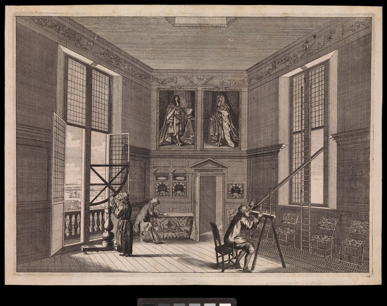 Tre personer använder astronomisk utrustning i Stora stjärnrummet eller Oktagonrummet, som det kallas idag, på Kungliga Observatoriet, ca 1676 (gravyr) av Francis Place