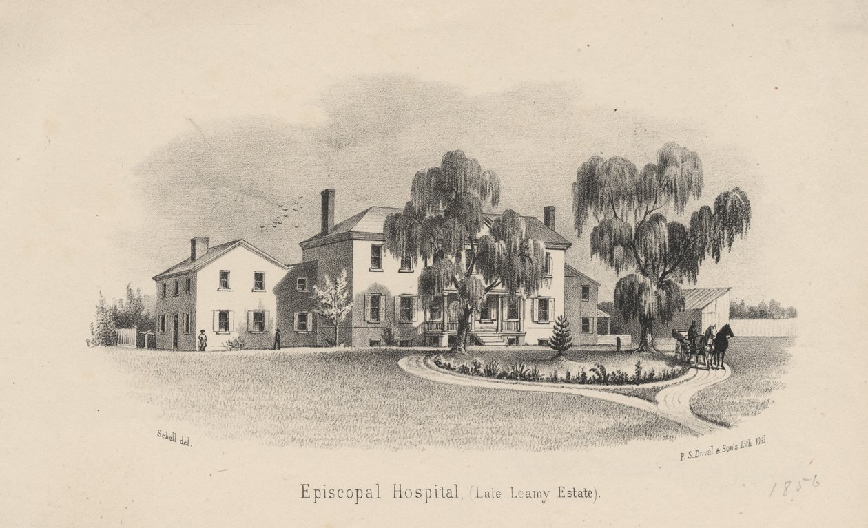 Episcopal Hospital, litografi av P.S. Duval und Son, 1856 av Francis Schell
