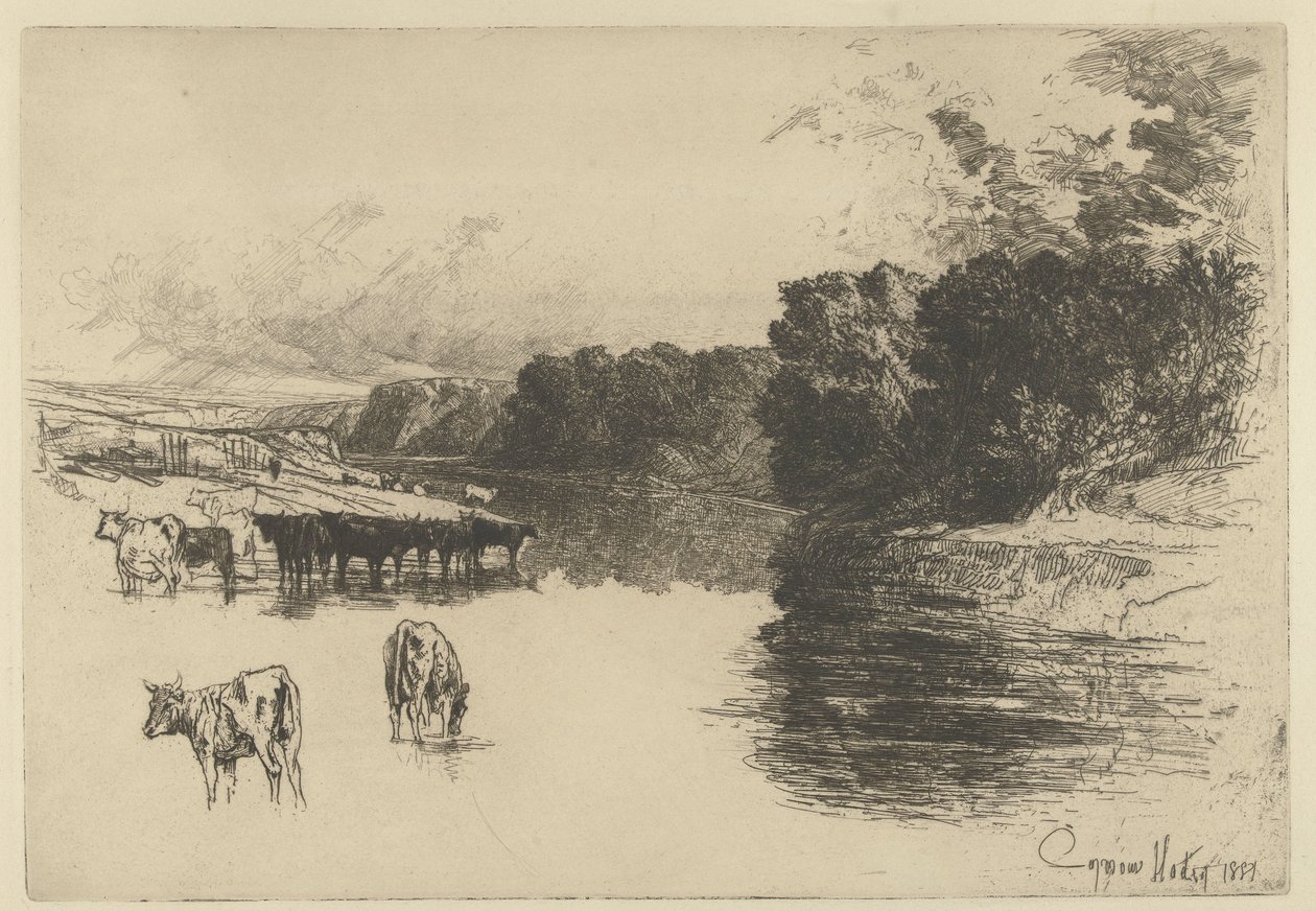 Kor vid en flod En flod i Lancashire av Francis Seymour Haden (Sir) (signed by artist)