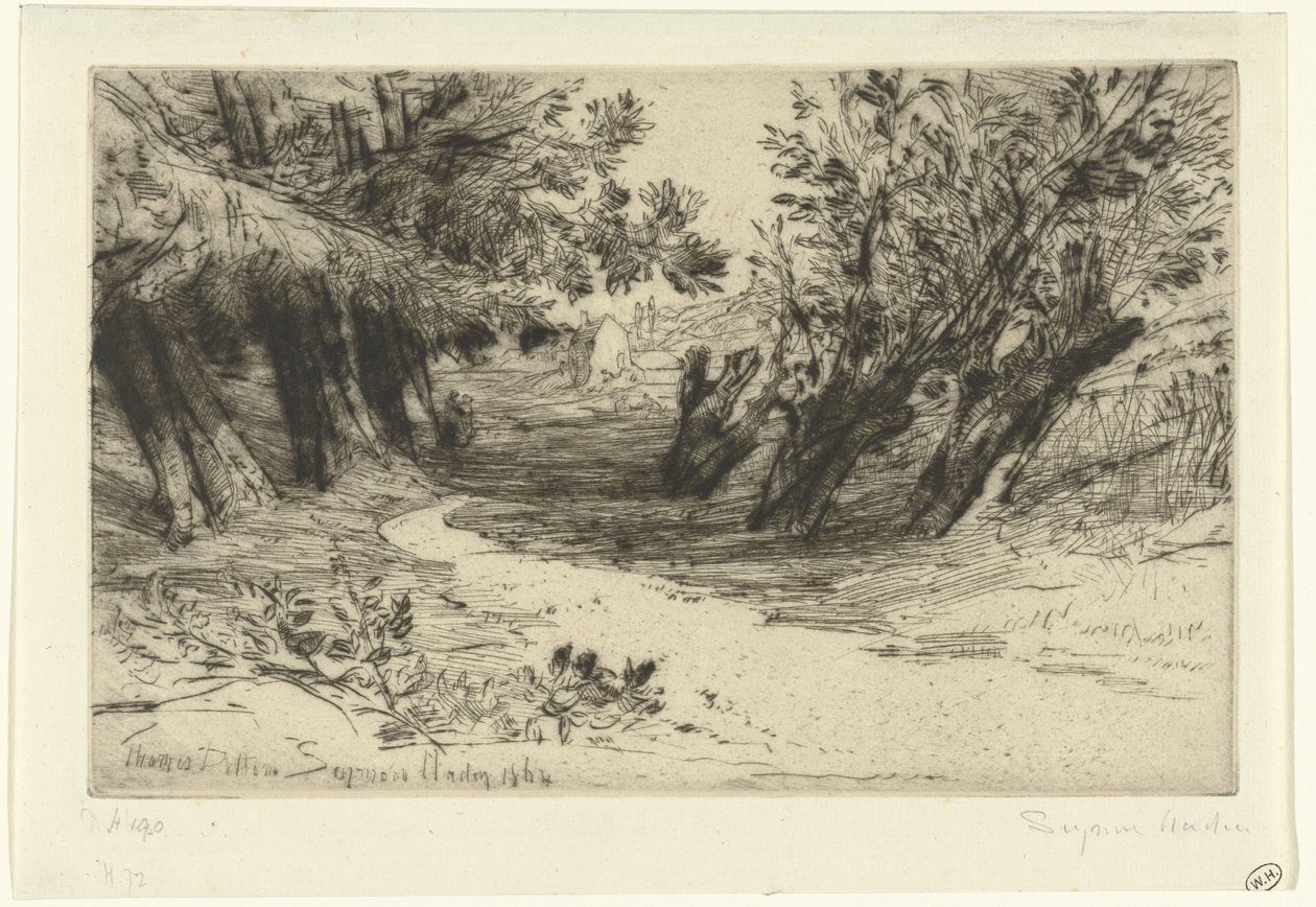 Pad längs vattnet De älskandes promenad Thames Ditton (titel på objekt) av Francis Seymour Haden (Sir) (signed by artist)