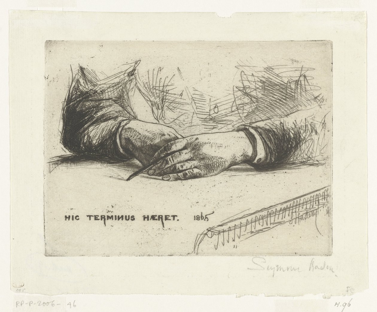 Två händer som ritar med krita Händer som håller en krita Hic Terminus Haeret (titel på objekt) av Francis Seymour Haden (Sir) (signed by artist)
