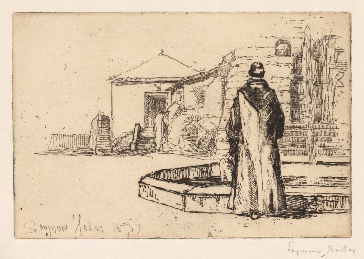 Munk vid en fontän, 1877. av Francis Seymour Haden