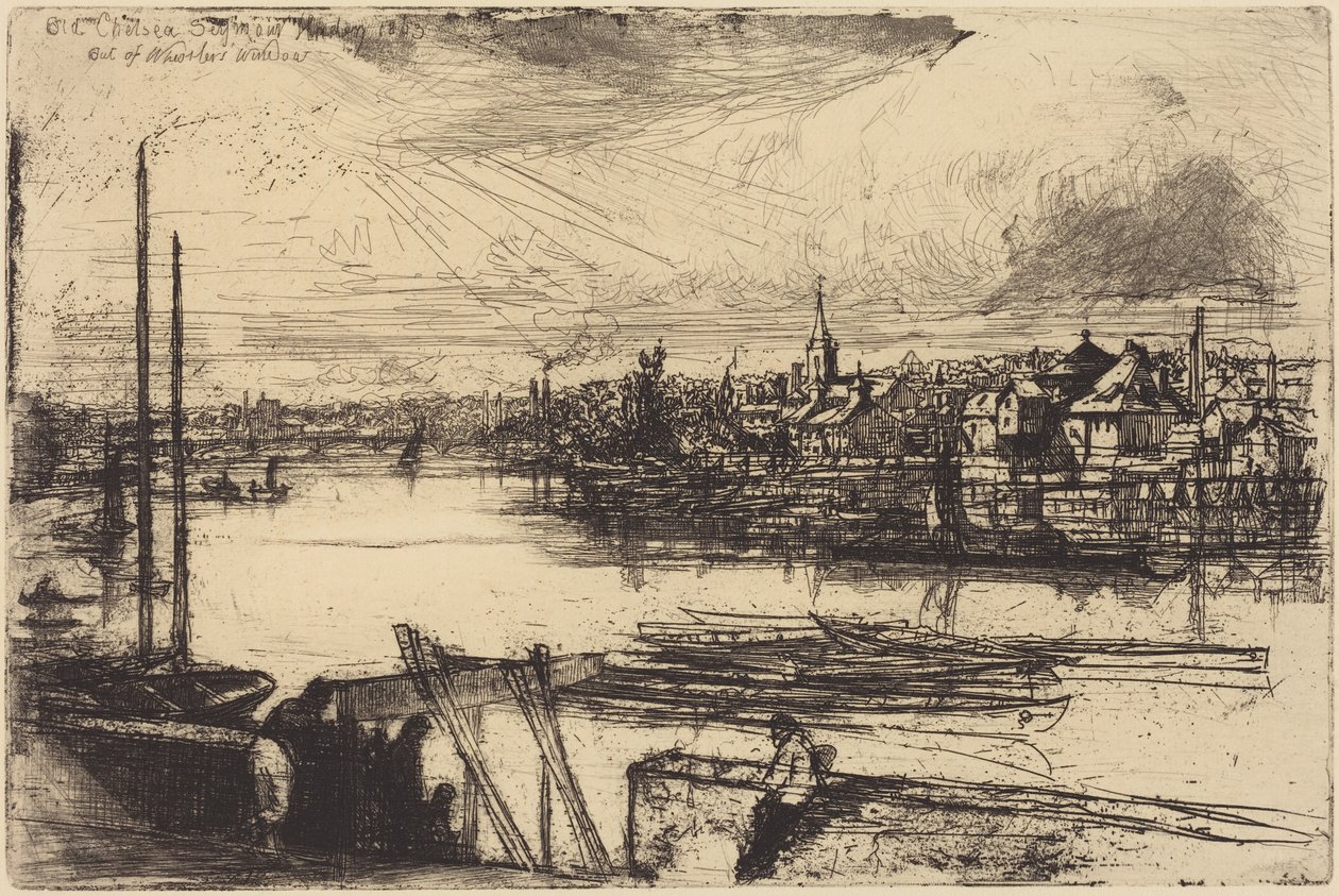 Gamla Chelsea, från Whistlers fönster (Battersea Reach) av Francis Seymour Haden