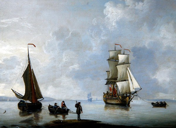En brittisk krigsman som bogseras till Anchor (olja på koppar) av Francis Swaine
