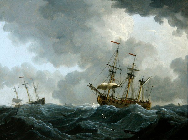 En marin: två fregatter i en annalkande storm (olja på koppar) av Francis Swaine