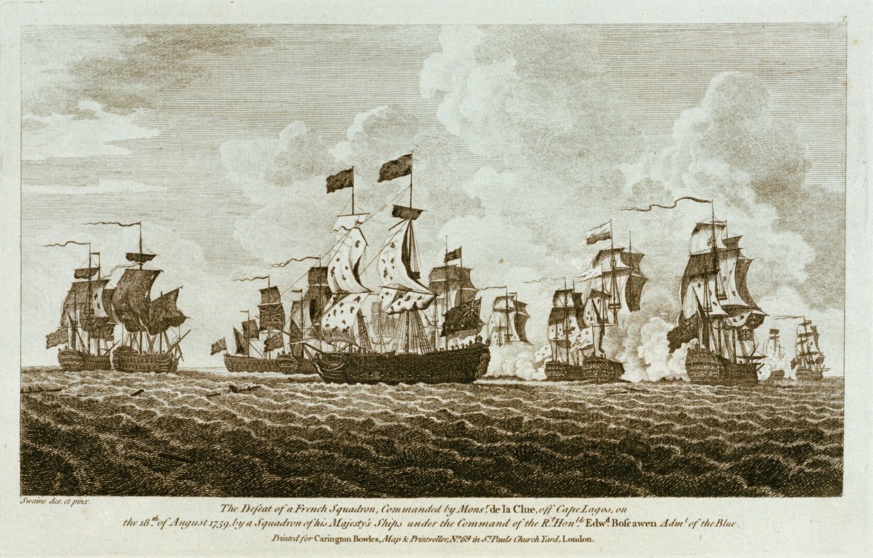"Tolv avtryck av sjöslag. Besegrandet av en fransk eskader, under befäl av Monsr de la Clue, utanför Cape Lagos, den 18 augusti 1759, av en eskader av hans majestäts fartyg under befäl av Rt Honble Edwd. Boscawen Adml of the Blue av Francis Swaine