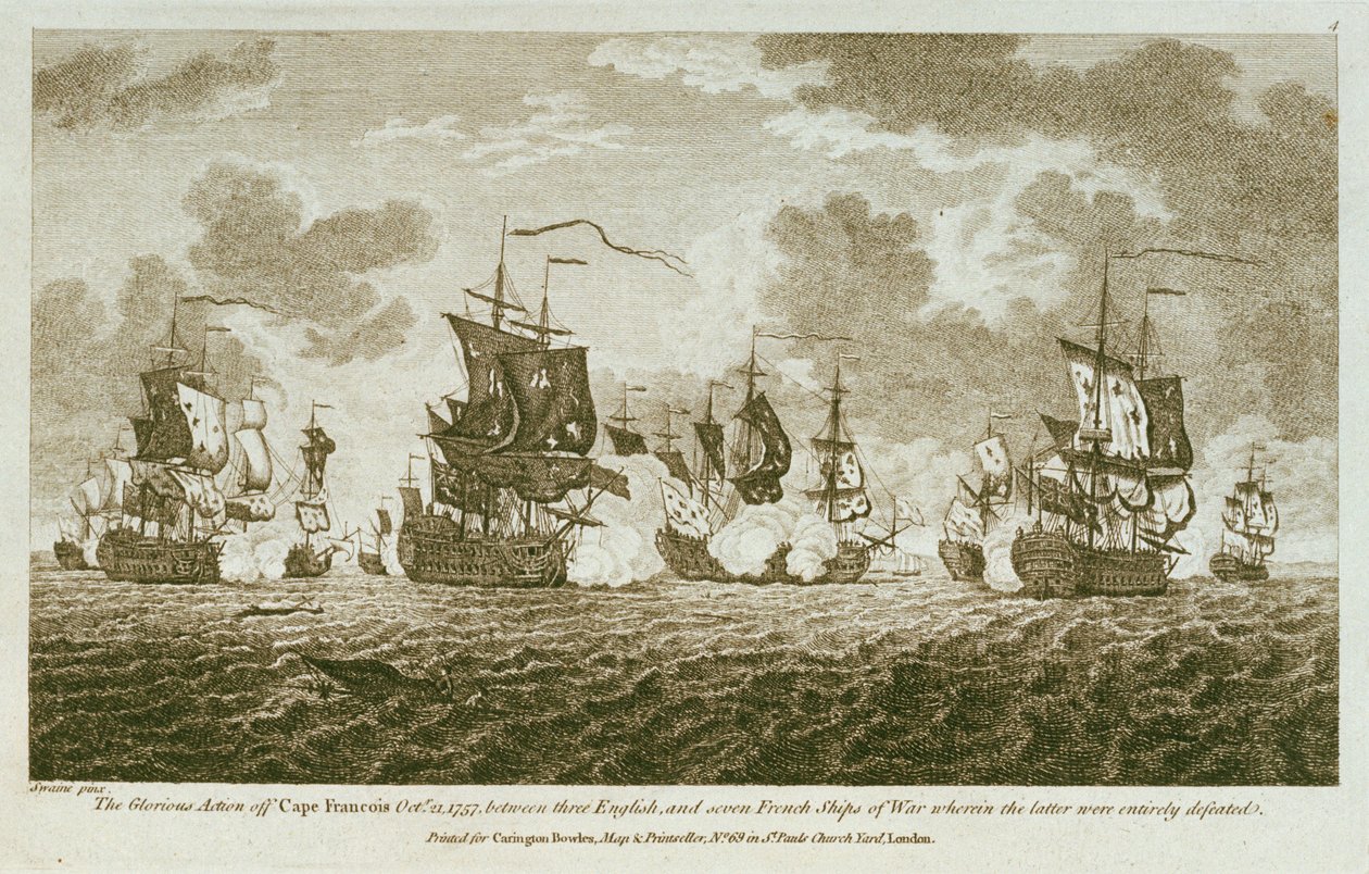 Tolv avbildningar av sjöslag. Den ärorika striden utanför Cape Francois den 21 oktober 1757 mellan engelska och sju franska krigsskepp, där de senare besegrades fullständigt. (etsning) av Francis Swaine