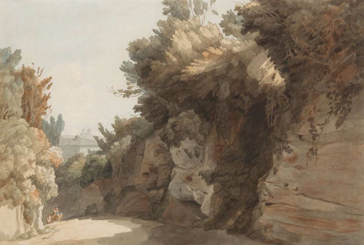 En utsikt nära Arco Scuro, med utsikt mot Villa Medici, Rom, 1785. av Francis Towne