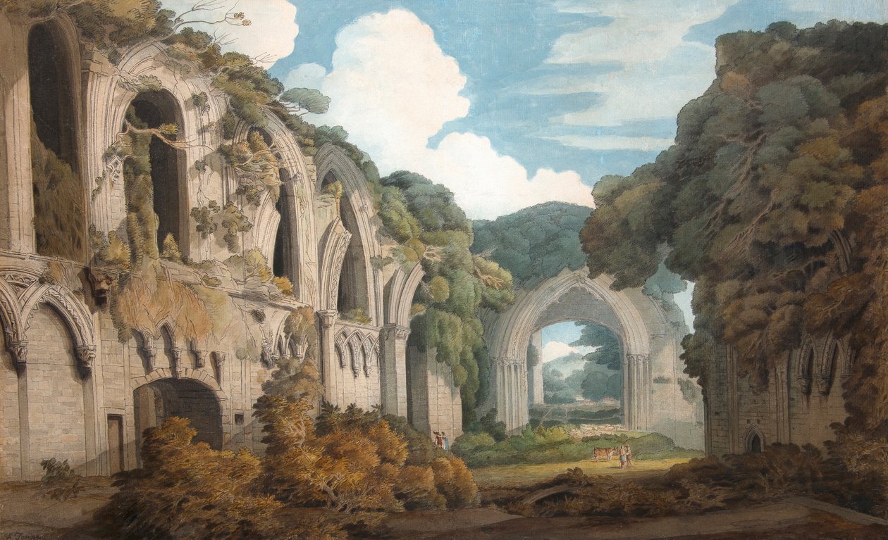 En vy över Glastonbury Abbey av Francis Towne