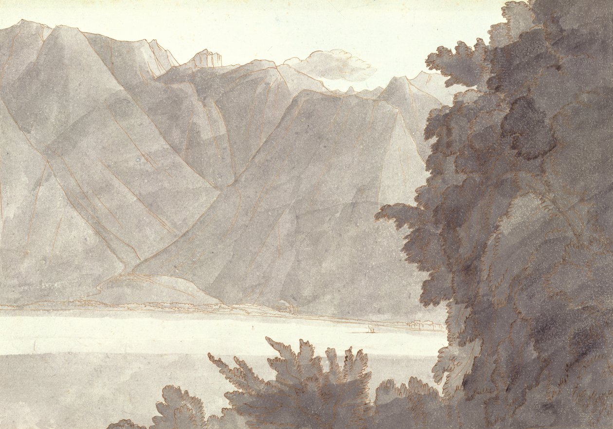 Huvud av Genèvesjön, penna & bläck & tvätt på papper av Francis Towne