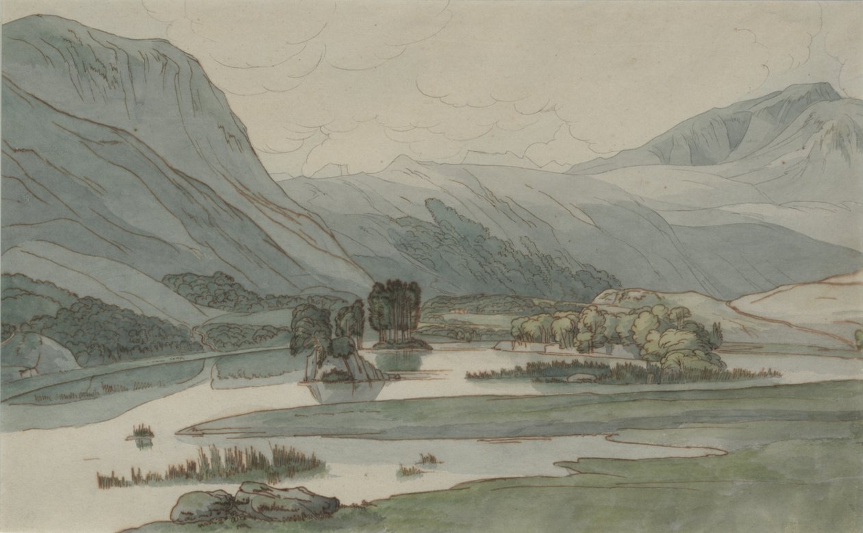 Rydal Water with the Grasmere Hills, 1786 (penna med penna och bläck och wc på papper) av Francis Towne