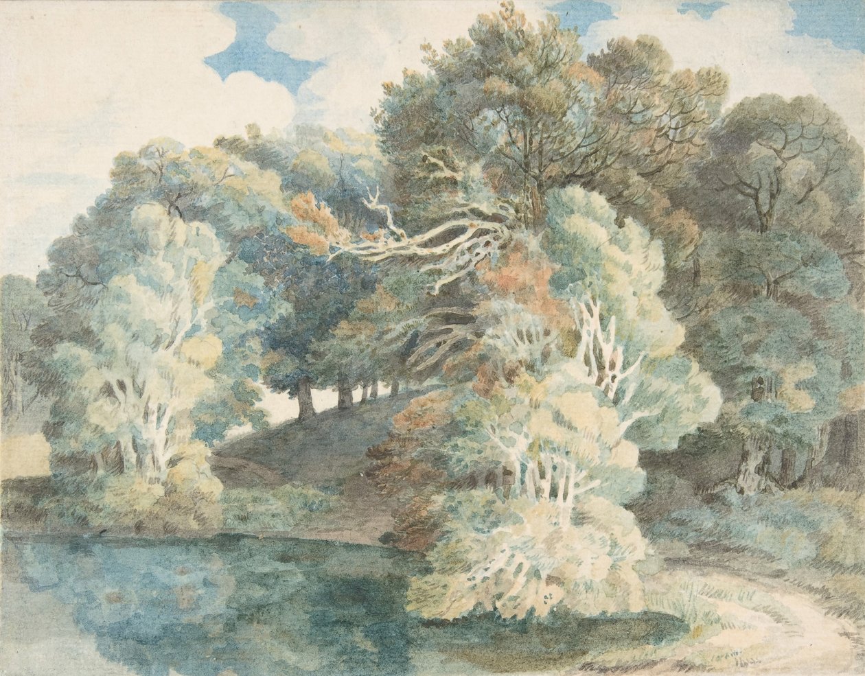 Träd vid sjön, Peamore Park, nära Exeter, Devon, 1790-1810. av Francis Towne