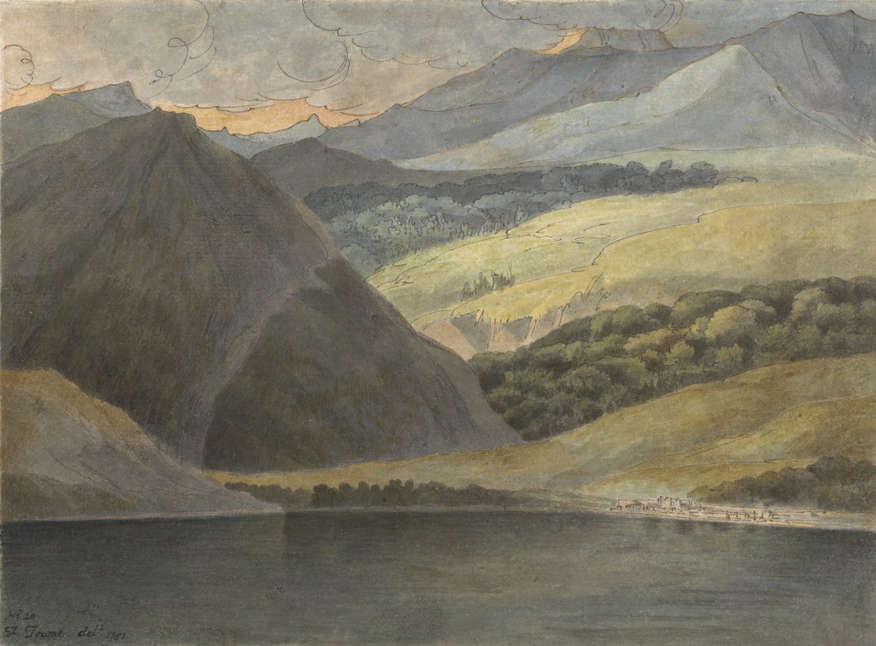 Utsikt över Lago Maggiore på kvällen, 1781 (penna och bläck med wc på papper) av Francis Towne