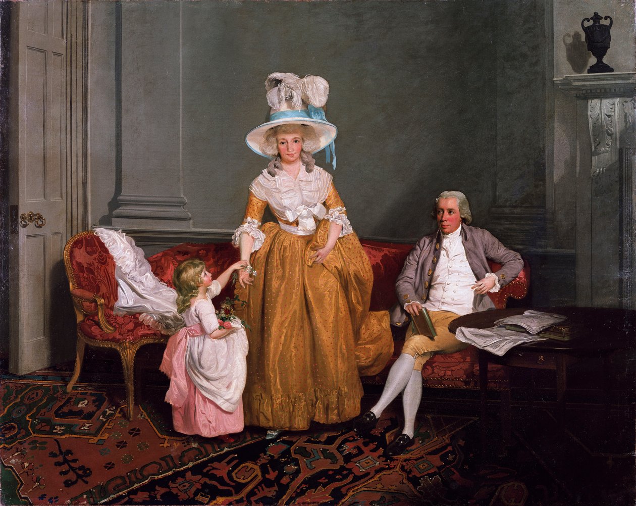 En familjegrupp, fadern sitter, modern och dottern står, i en interiör, 1700-talet av Francis Wheatley