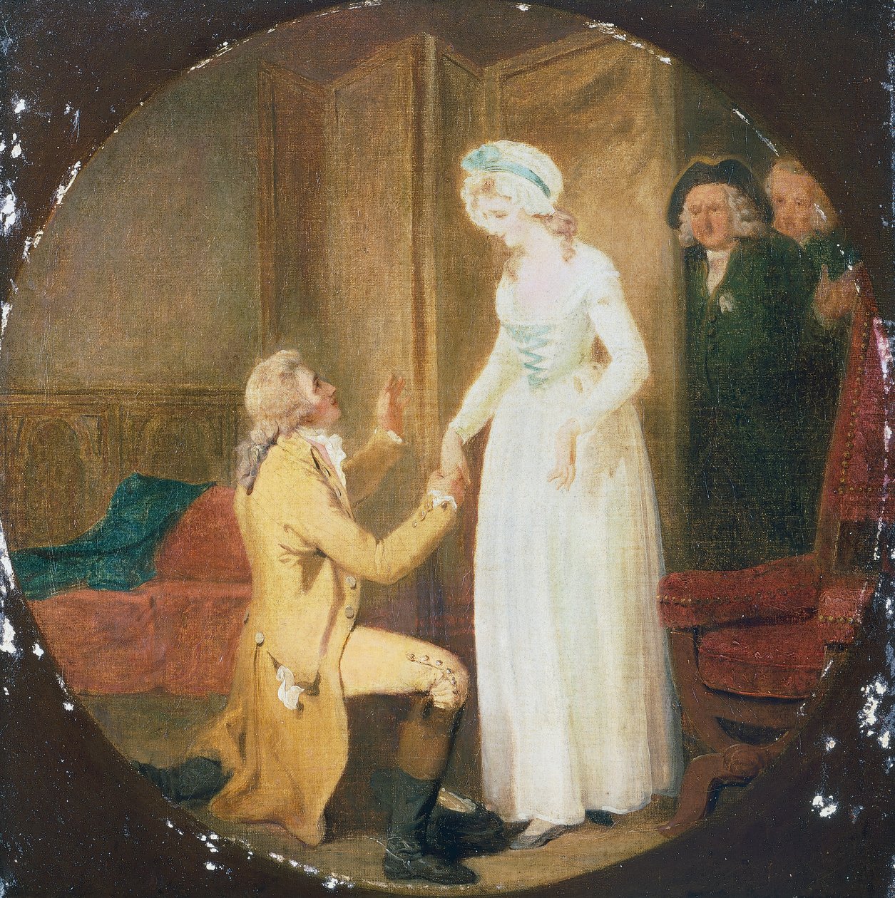 Akt V, scen III i pjäsen Hon böjer sig för att erövra av Oliver Goldsmith (1730-1774) av Francis Wheatley
