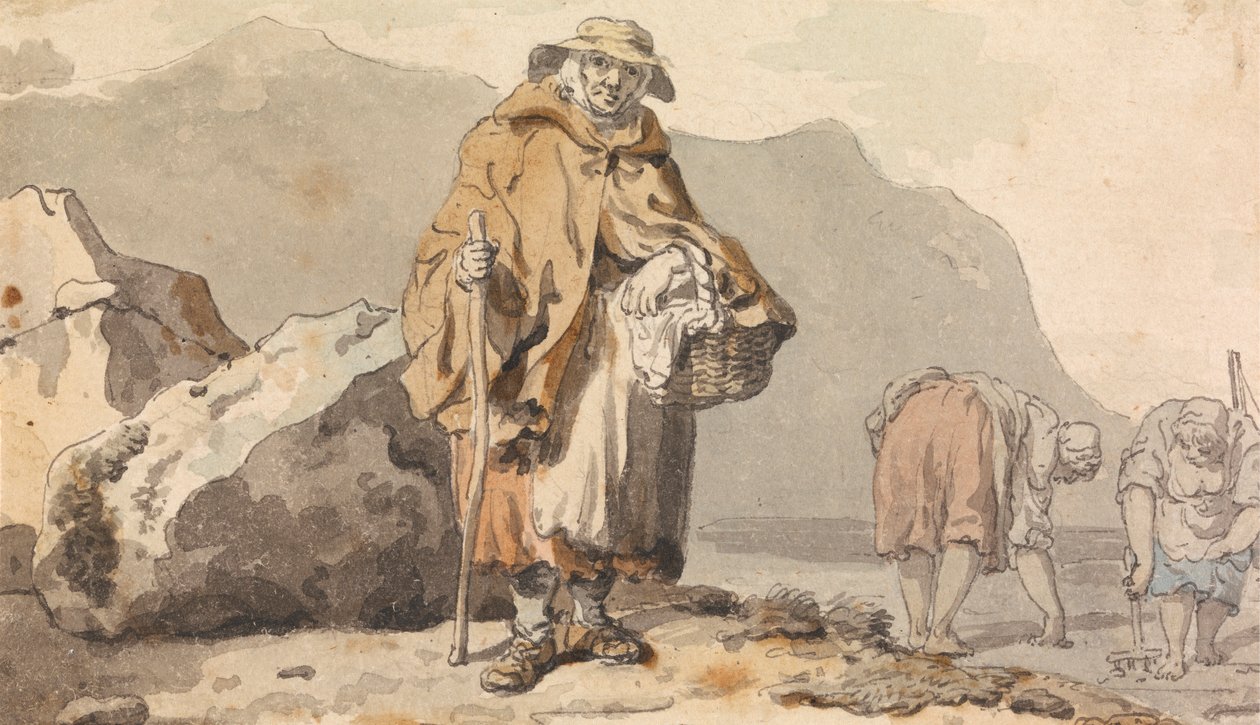 En gammal fiskare med två kvinnor som gräver efter bete av Francis Wheatley