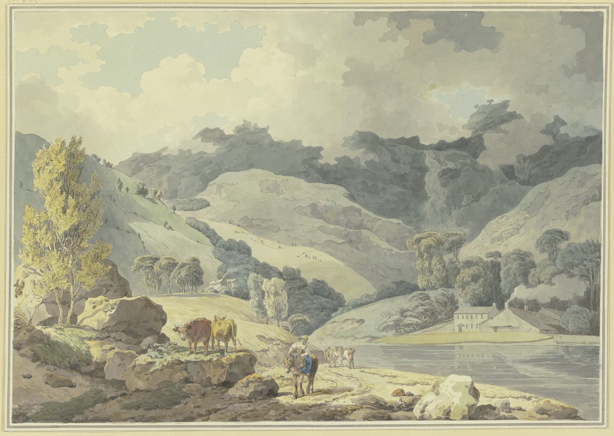 Bergslandskap, på vägen en flicka till häst, till vänster två kor av Francis Wheatley