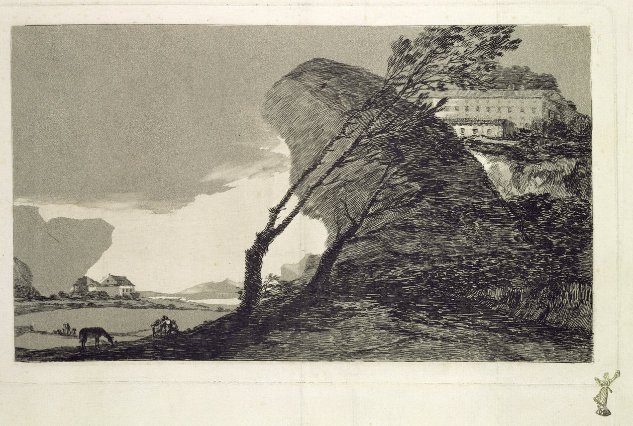 Landskap med stora stenar, byggnader och träd, före 1810 (etsning och akvatint) av Francisco de Goya