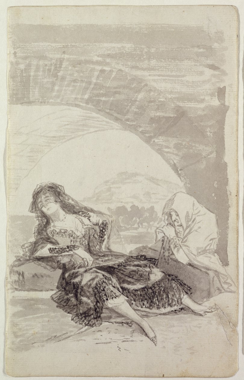 Maja och Celestina under en båge (grå och svart penna på papper) av Francisco de Goya