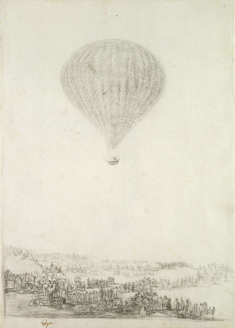Bröderna Montgolfier, ca 1800-08 (svart krita på papper) av Francisco de Goya