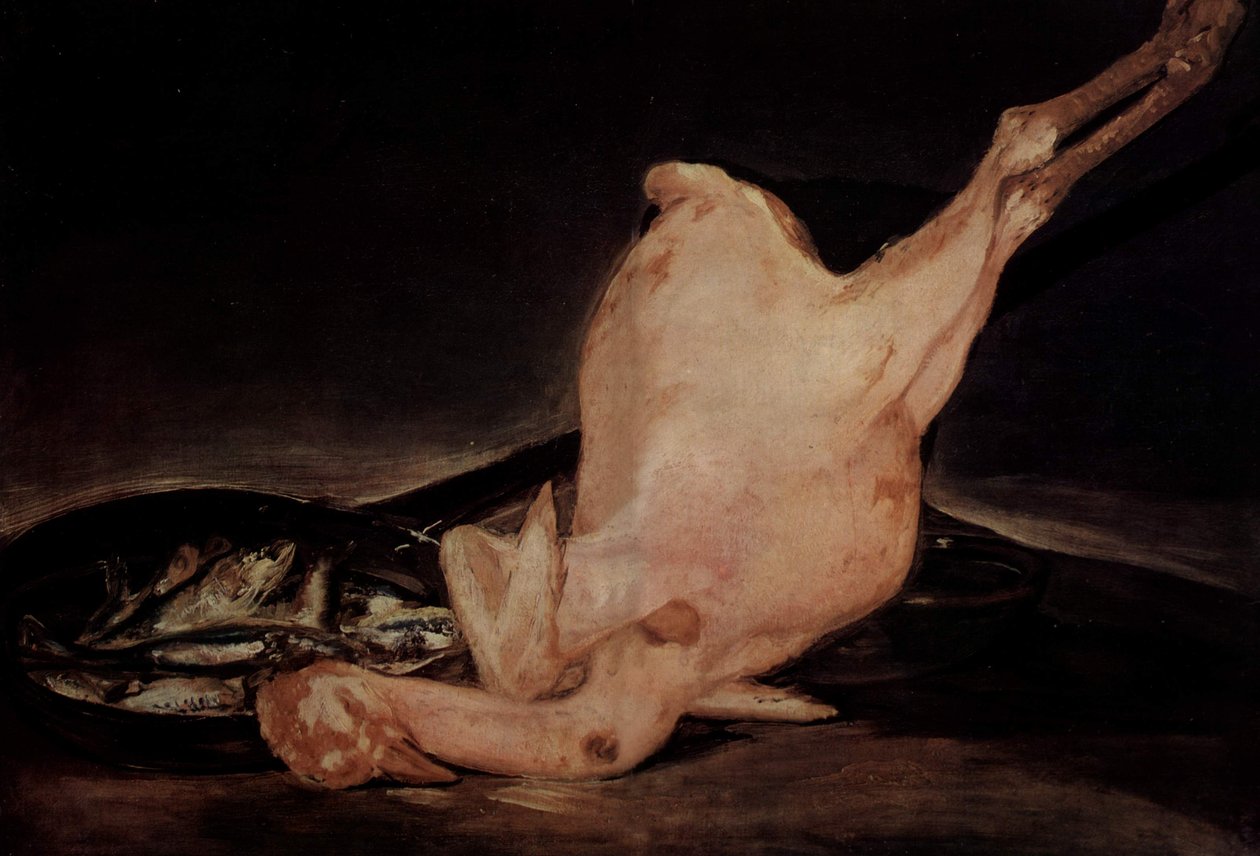 Stilleben, bruten kalkon och panna med fiske av Francisco de Goya