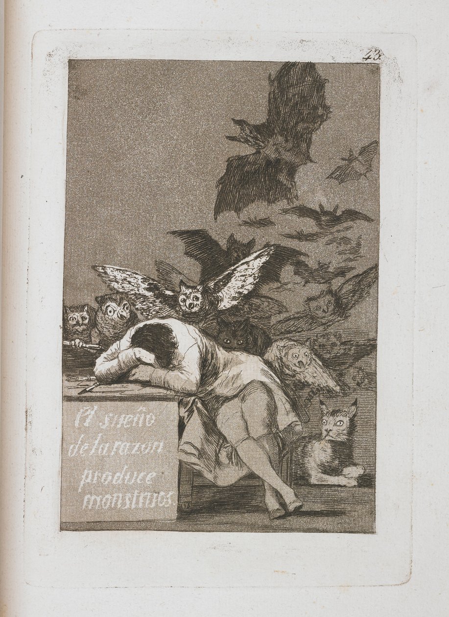 Förnuftets sömn producerar monster, tavla 43 från Los Caprichos, 1797-1798 av Francisco de Goya