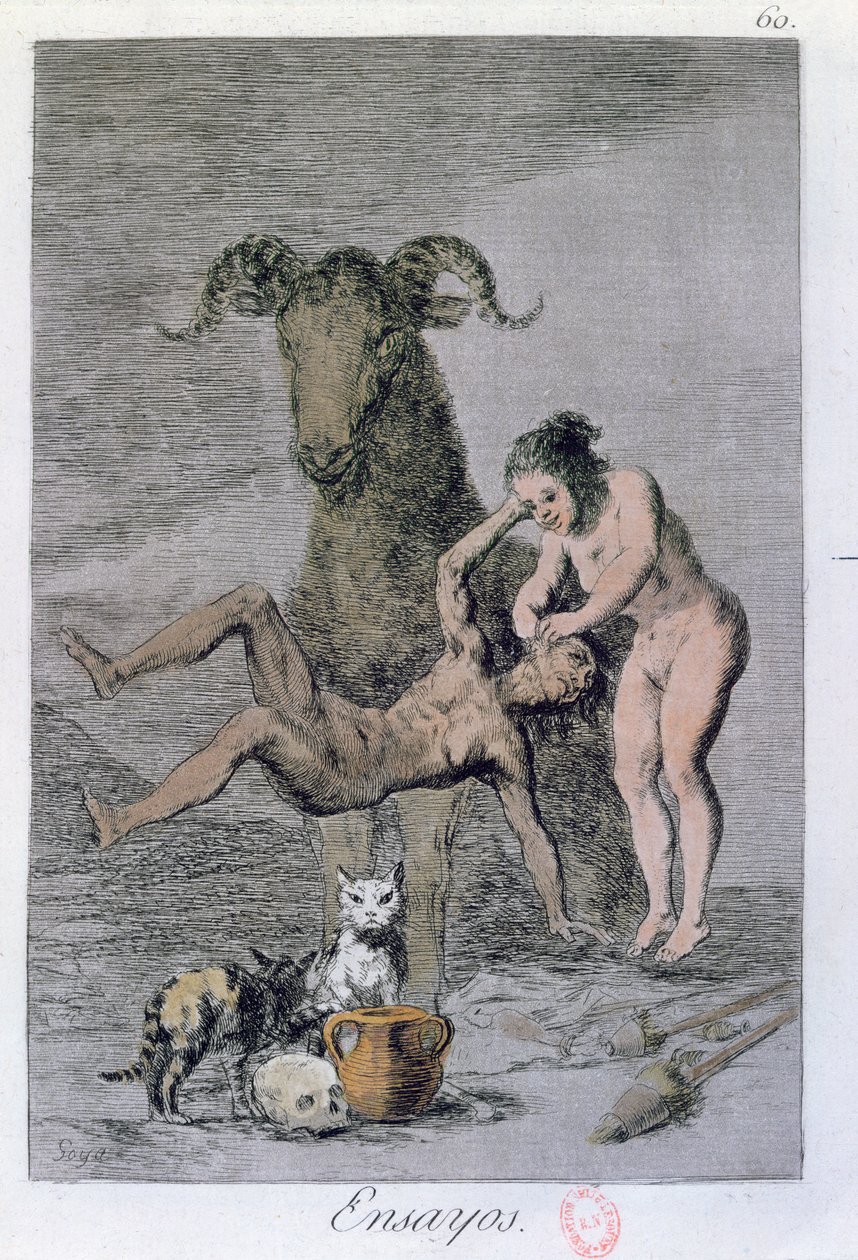 Ensayos (Försök), tavla 60 av "Los Caprichos", slutet av 1700-talet (kolorerad gravyr). av Francisco de Goya
