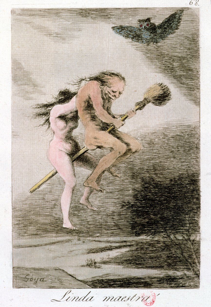 Linda Maestra (Den vackra lärarinnan), tavla 68 i "Los Caprichos", slutet av 1700-talet (färggravyr) av Francisco de Goya