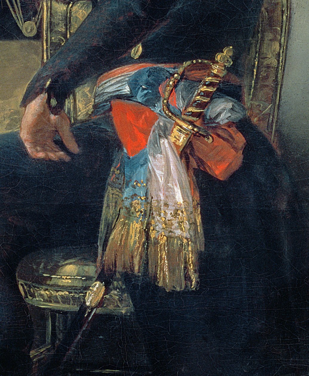 Porträtt av Ferdinand Guillemardet, detalj av svärd och skärp, 1798-99 olja på duk detalj av 83585 av Francisco de Goya
