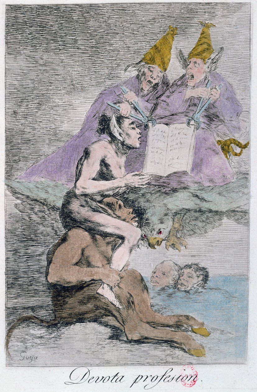 Det fromma yrket, tavla 70 i "Los caprichos", slutet av 1700-talet (kolorerad etsning) (se även 81689) av Francisco de Goya