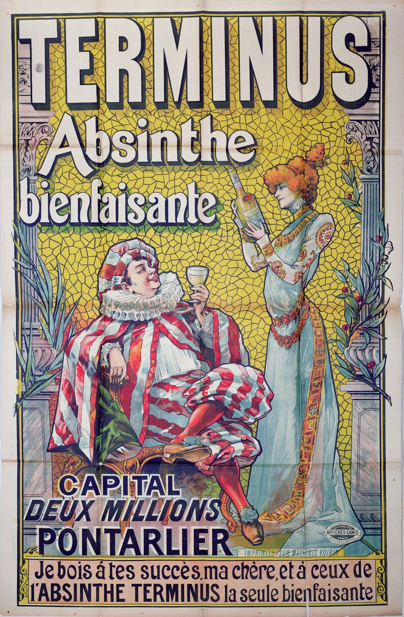 Affisch för absint "Terminus" med Sarah Bernhardt i huvudrollen som "Absinthe" och Constant Coquelin som Molieres "Sgnanarelle", slutet av 1800-talet. av Francisco Tamagno