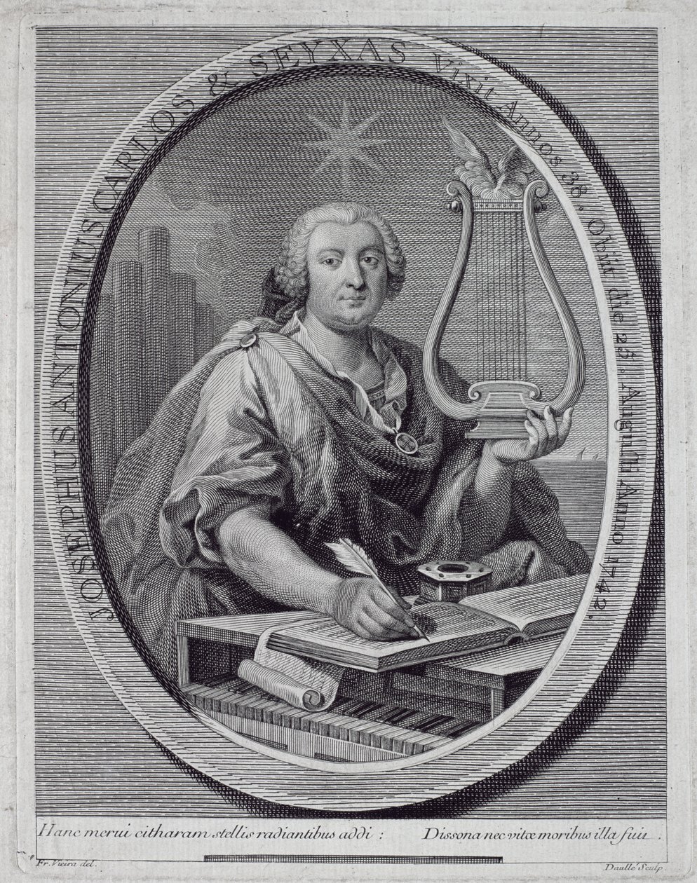 Porträtt av Jose Carlos Seixas (1704-42) graverat av John Daulle (1703-63) av Francisco Vieira