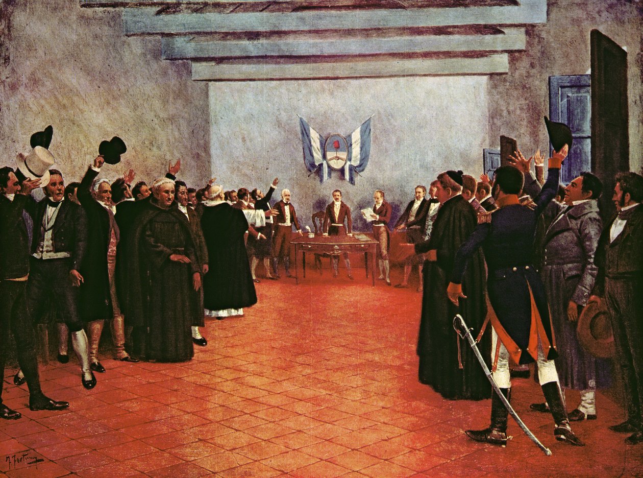 The Congress of Tucuman - Deklaration om de förenade provinserna Rio och Plata självständighet den 9 juli 1816 (färg litho) av Francisco (after) Fortuny