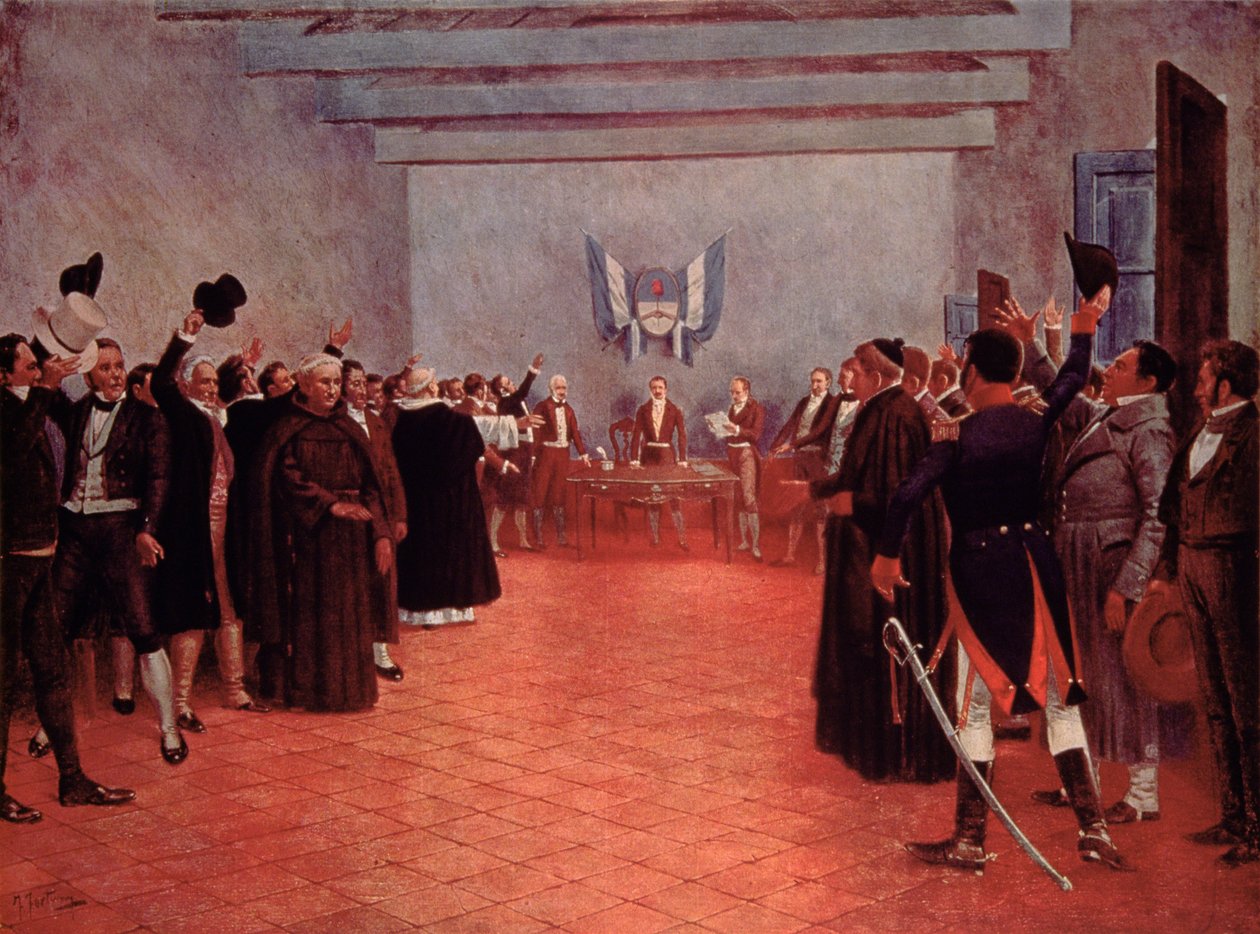 Tucumans kongress, Argentinas självständighetsförklaring från Spanien 1816 (färg litho) av Francisco (after) Fortuny