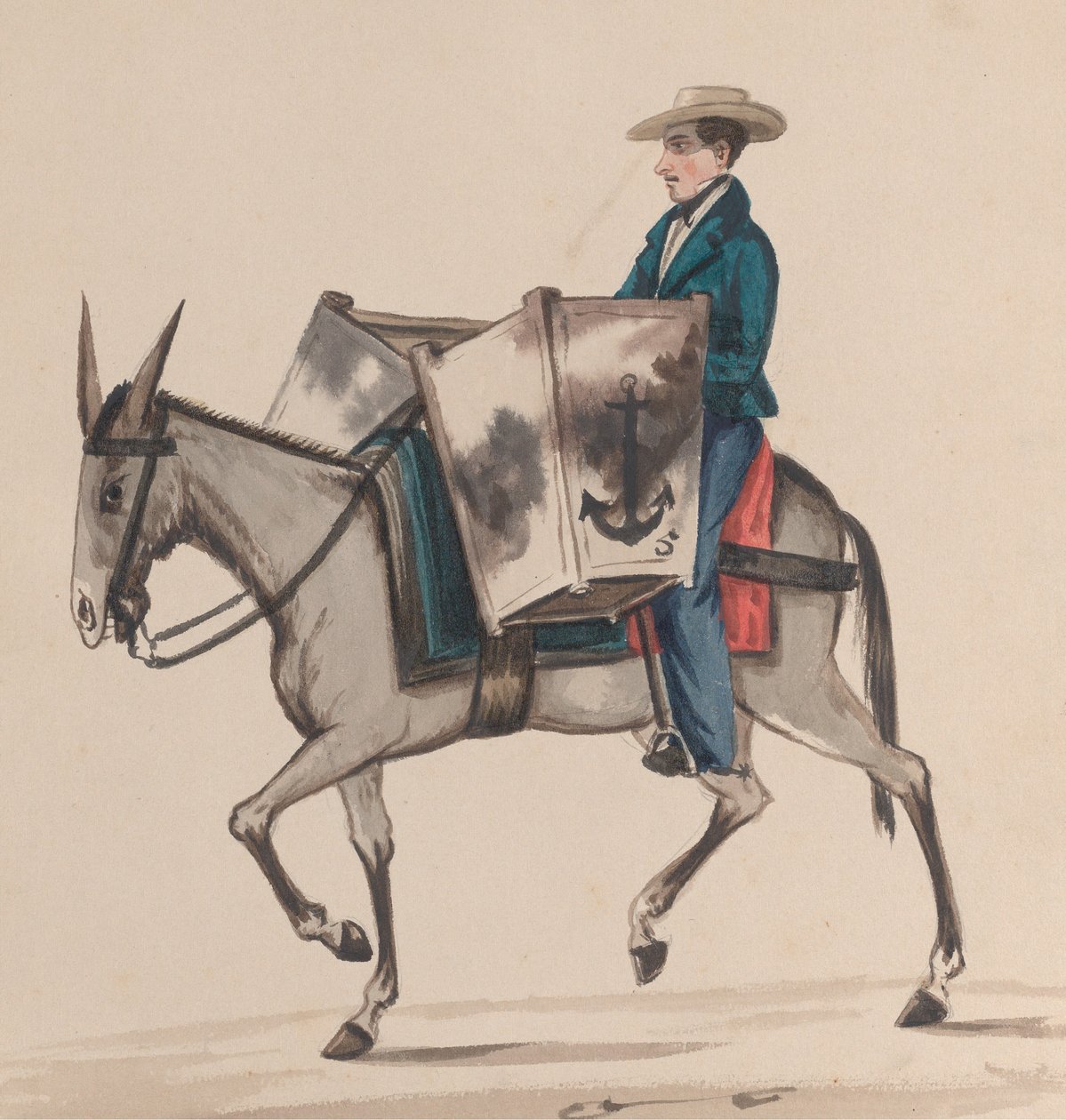 En bagare till häst, från en grupp teckningar föreställande peruansk dräkt, ca. 1848. av Francisco