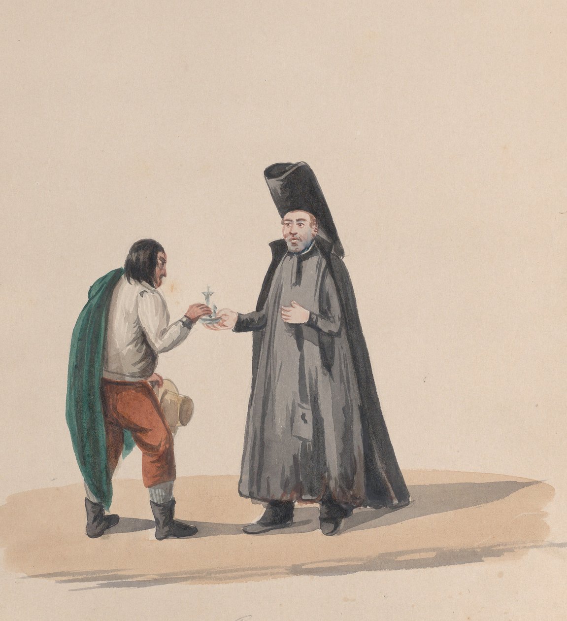 En kanon som överlämnar ett krucifix till en man, från en grupp teckningar som föreställer peruansk dräkt, 1848. av Francisco