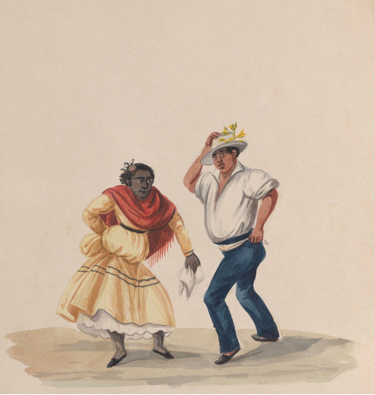 En man och en kvinna som dansar, från en grupp teckningar som föreställer peruansk kostym, 1848. av Francisco