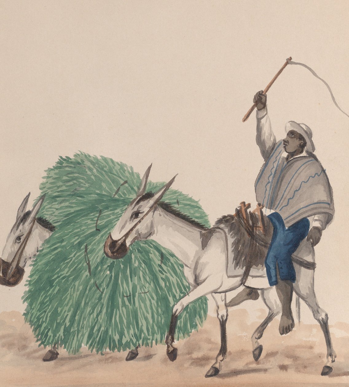 En man som rider på en mula, piskan höjd, en annan mula lastad med gräs bredvid..., ca. 1848. av Francisco