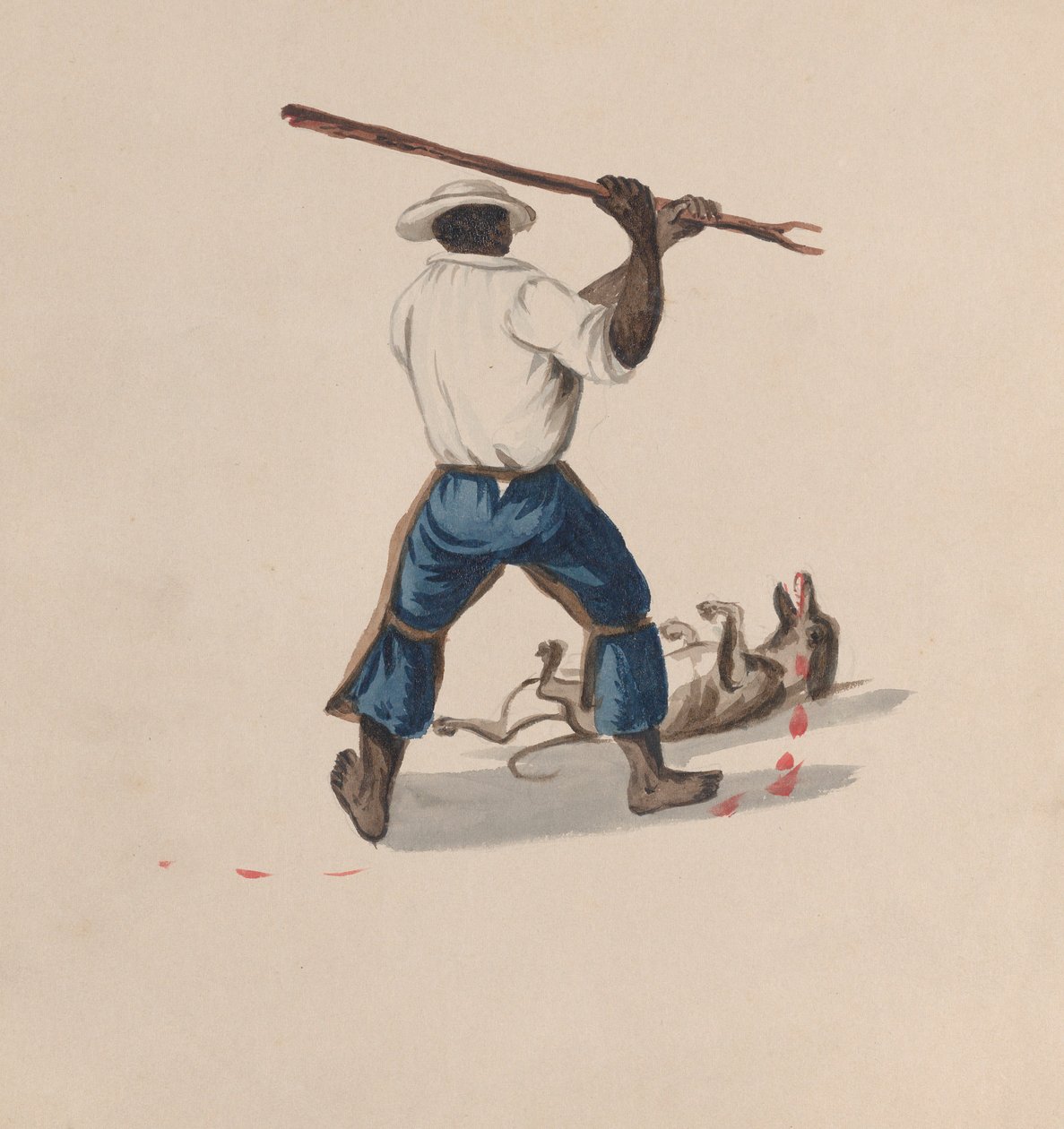 En man sedd bakifrån slå en hund med en käpp, från en grupp teckningar som visar..., ca. 1848 av Francisco