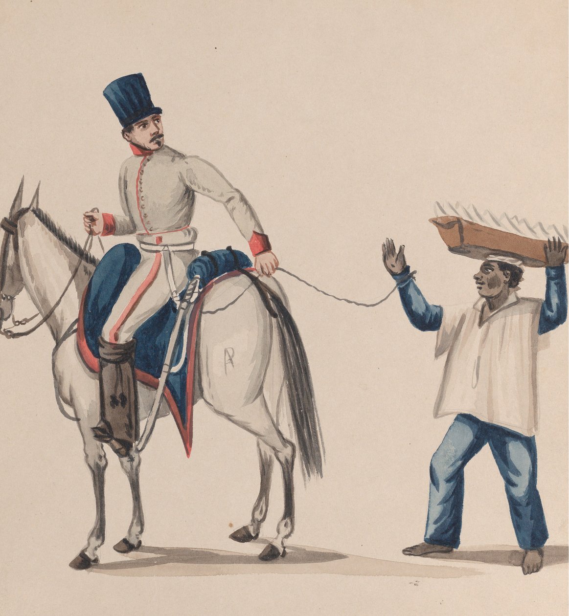 En soldat till häst som håller ett rep som säkrar en inhemsk slav som balanserar en tallrik..., ca. 184 av Francisco