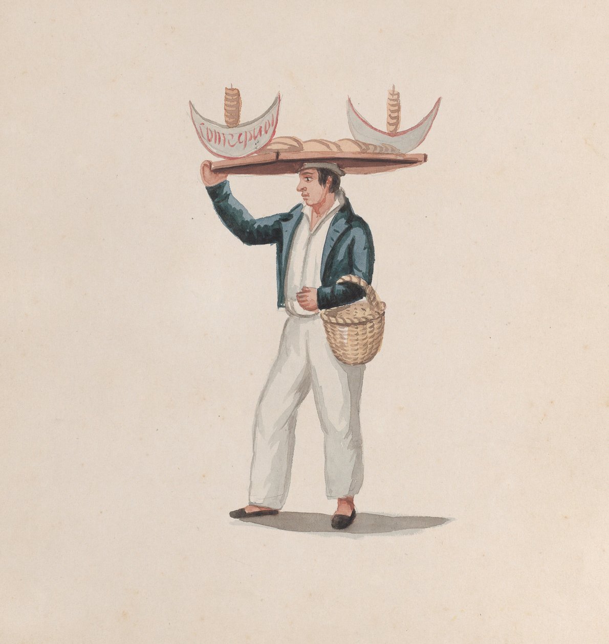 En tortillaförsäljare som balanserar en bricka på huvudet, från en grupp teckningar som föreställer peruanska..., ca. av Francisco