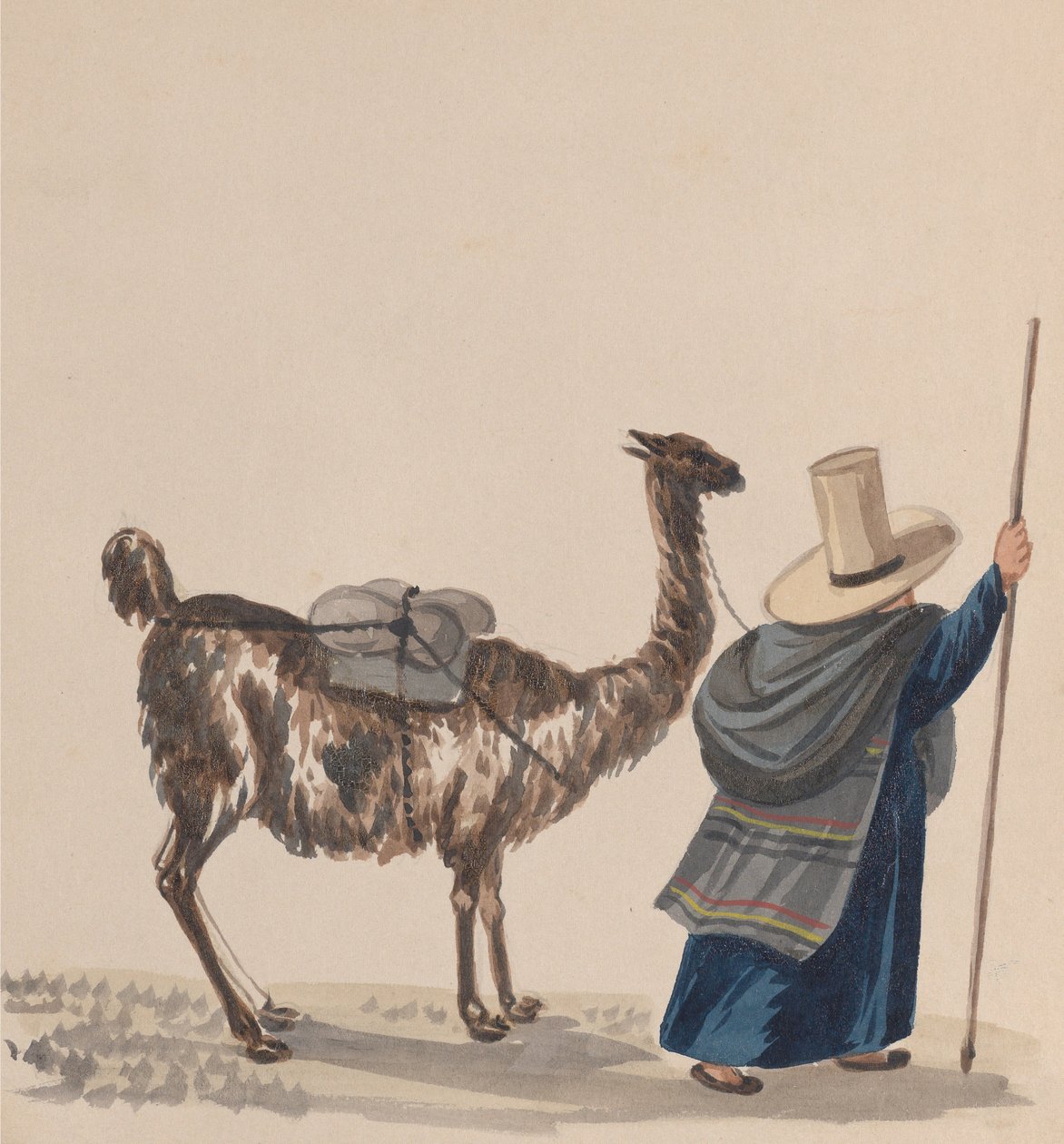 En kvinna som går med en lama, från en grupp teckningar som föreställer peruansk kostym, ca. 1848. av Francisco