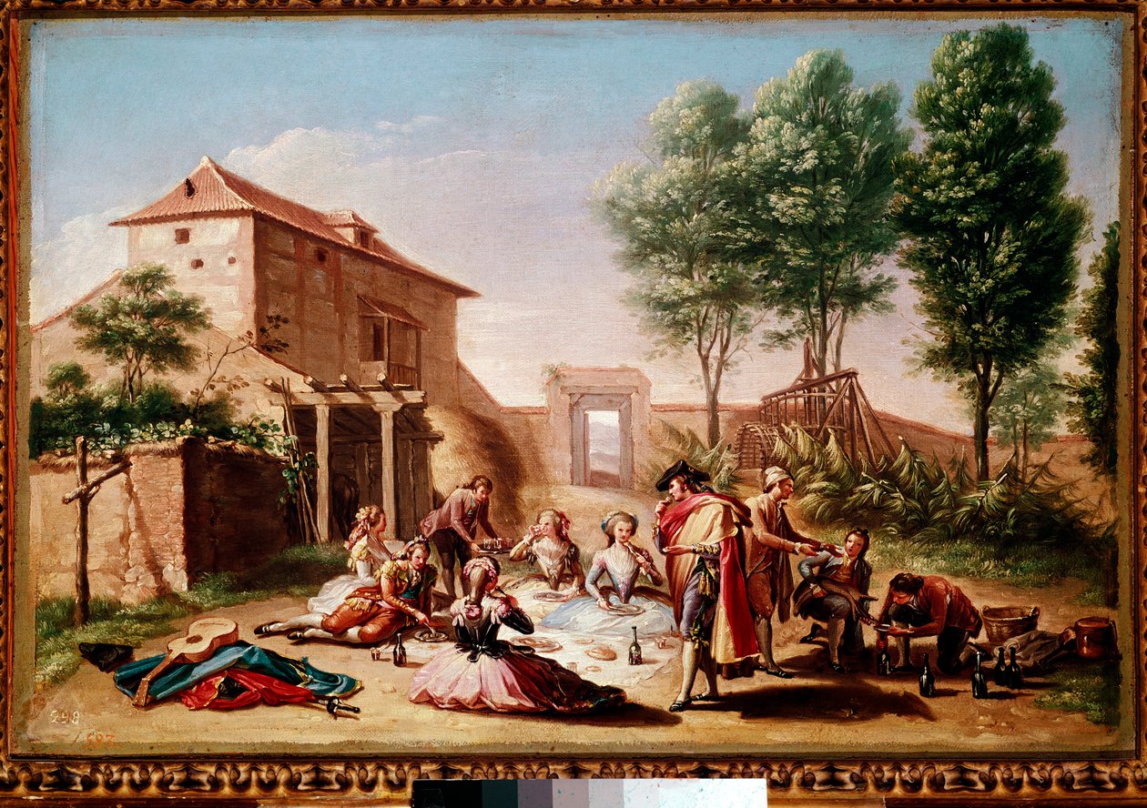 Lunch på landsbygden: ungdomar i borgerligheten spelar picknick. Målning av Francisco Bayeu y Subias av Francisco Bayeu y Subias