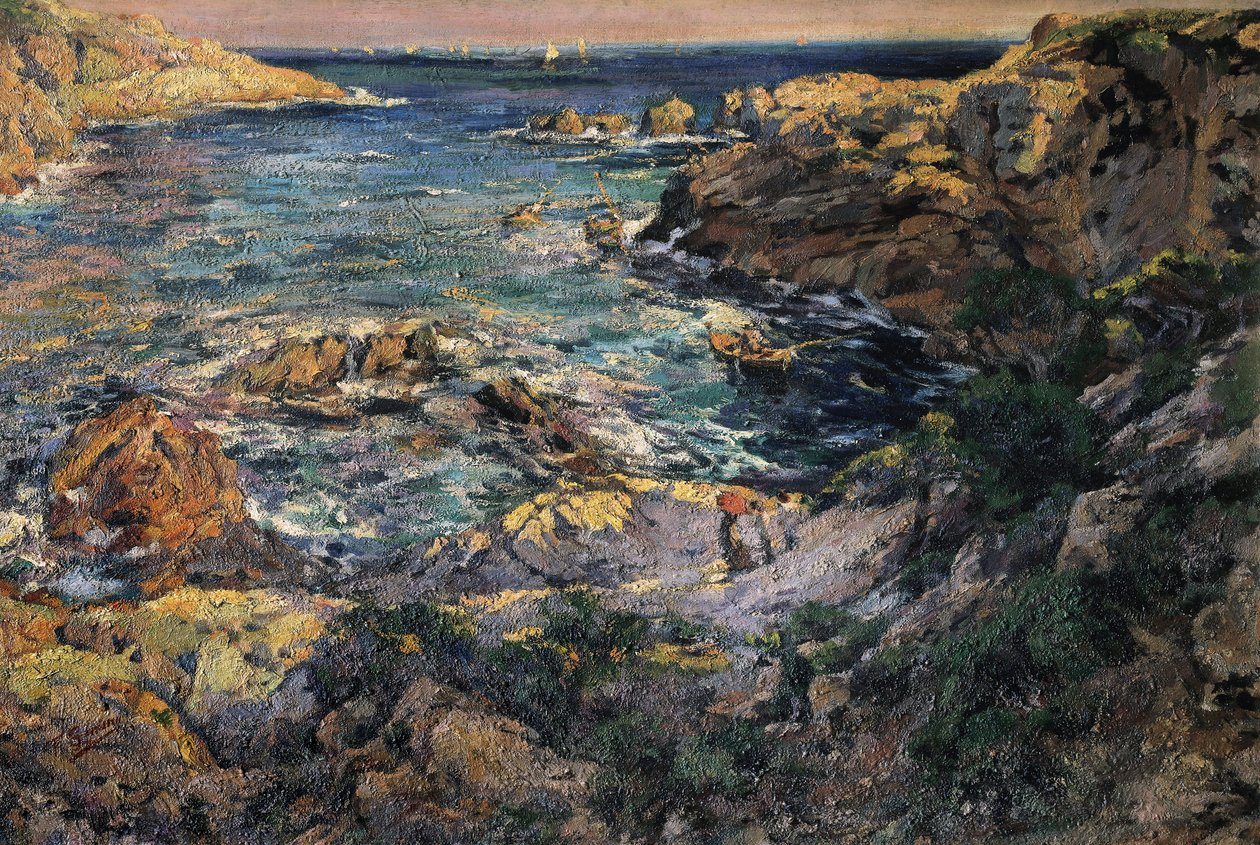 "" Utsikt över kusten i Aiguablava i Spanien "" Målning av Francesc Gimeno i Arasa (1858-1927) Slutet av 1800:e början av 1900-talets Barcelona. Kataloniens nationella konstmuseum. av Francisco Gimeno y Arasa
