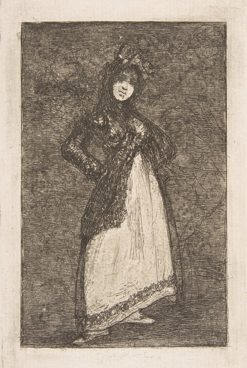 En Maja som står mot en mörk bakgrund Maja. av Francisco de Goya