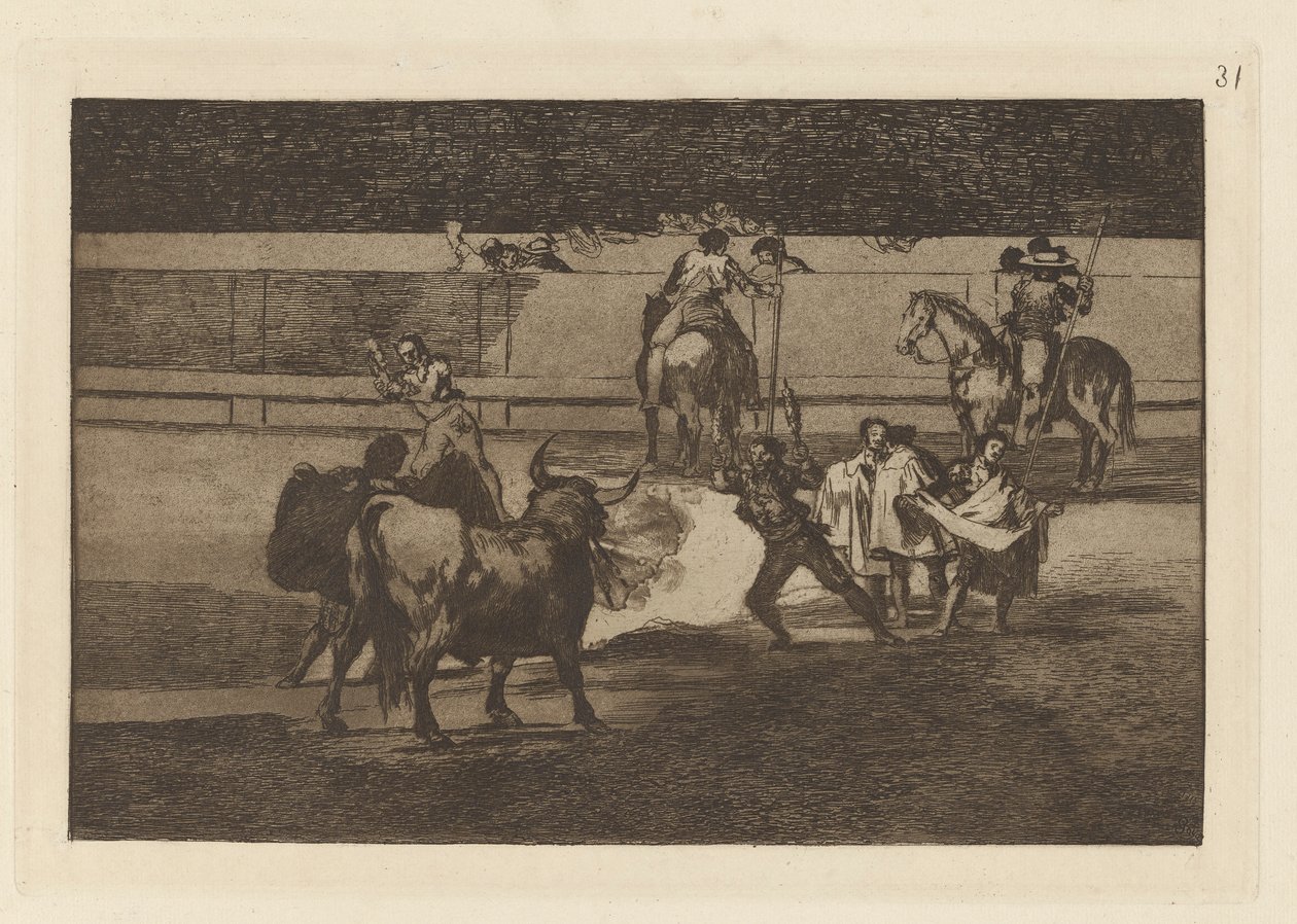 Banderillas of Fire (Banderillas with Firecrackers), Tallrik 31 från Bullfighting av Francisco de Goya