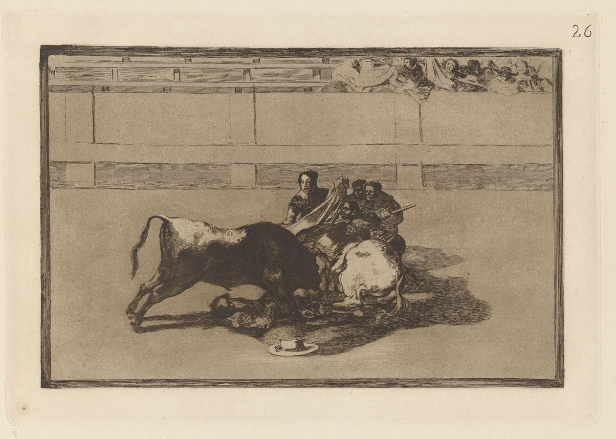 Fall av en picador från sin häst nedanför tjuren (A Picador is Unhorsed and Falls Under the Bull), skylt 26 från La tauromaquia av Francisco de Goya