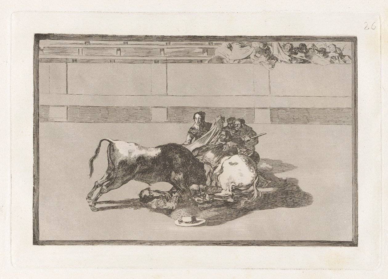 Fall av en picador från sin häst nedanför tjuren (A Picador is Unhorsed and Falls Under the Bull), skylt 26 från La tauromaquia av Francisco de Goya