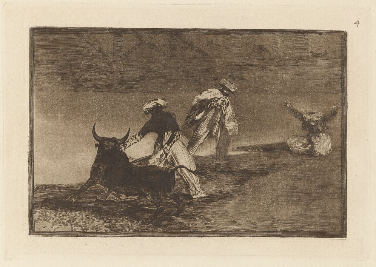 Capean otro encerrado (They Play Another with the Cape in the Enclosure), Tallrik 4 från La tauromaquia av Francisco de Goya